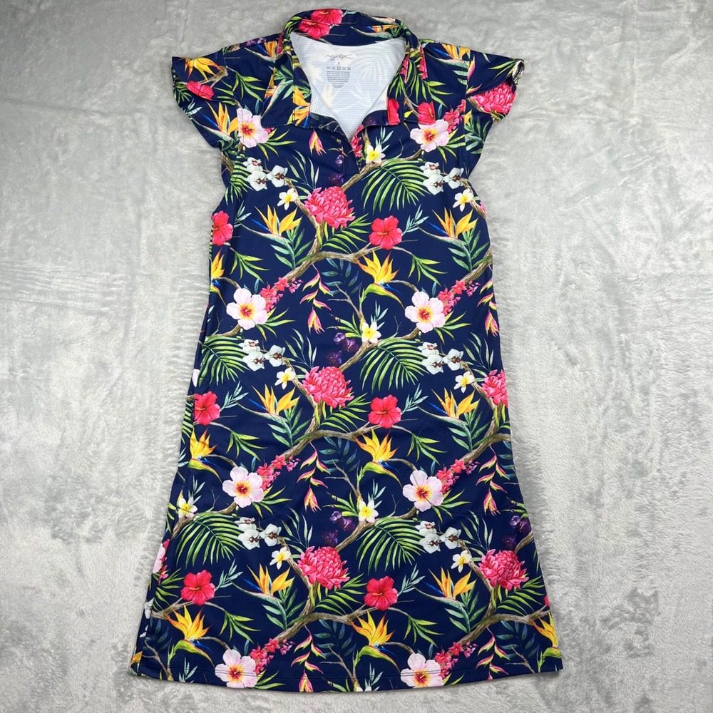 Gottz Womens Tropical Floral Golf Tennis Dress Navy Blue Flutter Sleeve Small